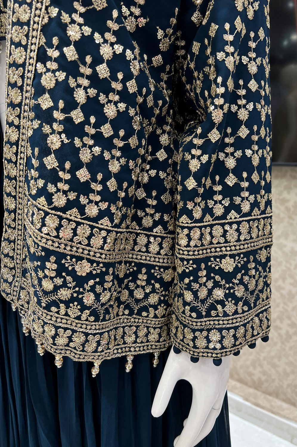 Peacock Blue Sequins and Zari work Overcoat Styled Crop Top Lehenga