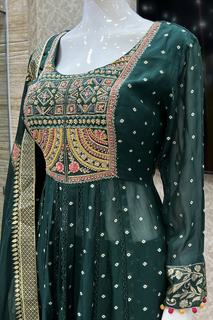 Bottle Green Mirror, Banaras, Sequins, Zari and Thread work Salwar Suit with Palazzo Pant