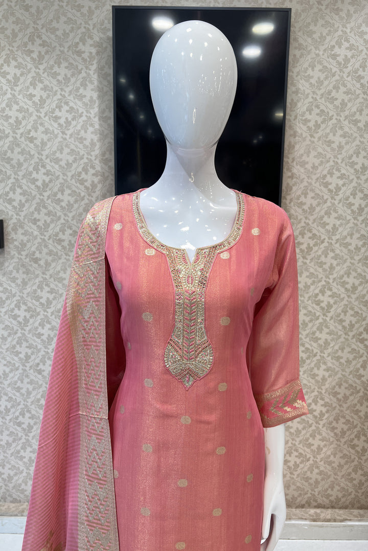 Peach Zardozi, Thread, Banaras and Mirror work Straight Cut Salwar Suit