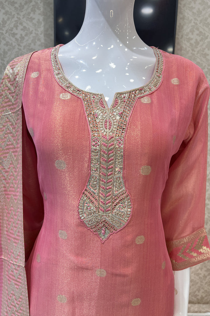 Peach Zardozi, Thread, Banaras and Mirror work Straight Cut Salwar Suit