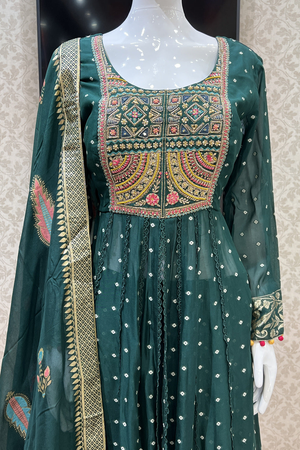 Bottle Green Mirror, Banaras, Sequins, Zari and Thread work Salwar Suit with Palazzo Pant