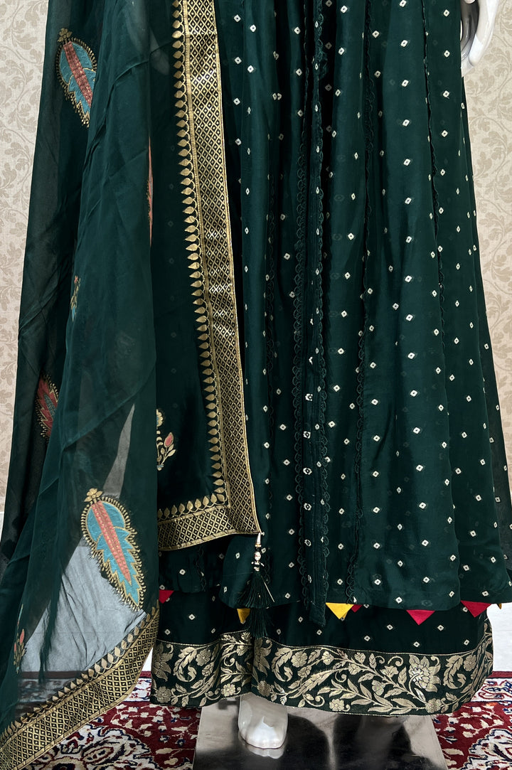 Bottle Green Mirror, Banaras, Sequins, Zari and Thread work Salwar Suit with Palazzo Pant