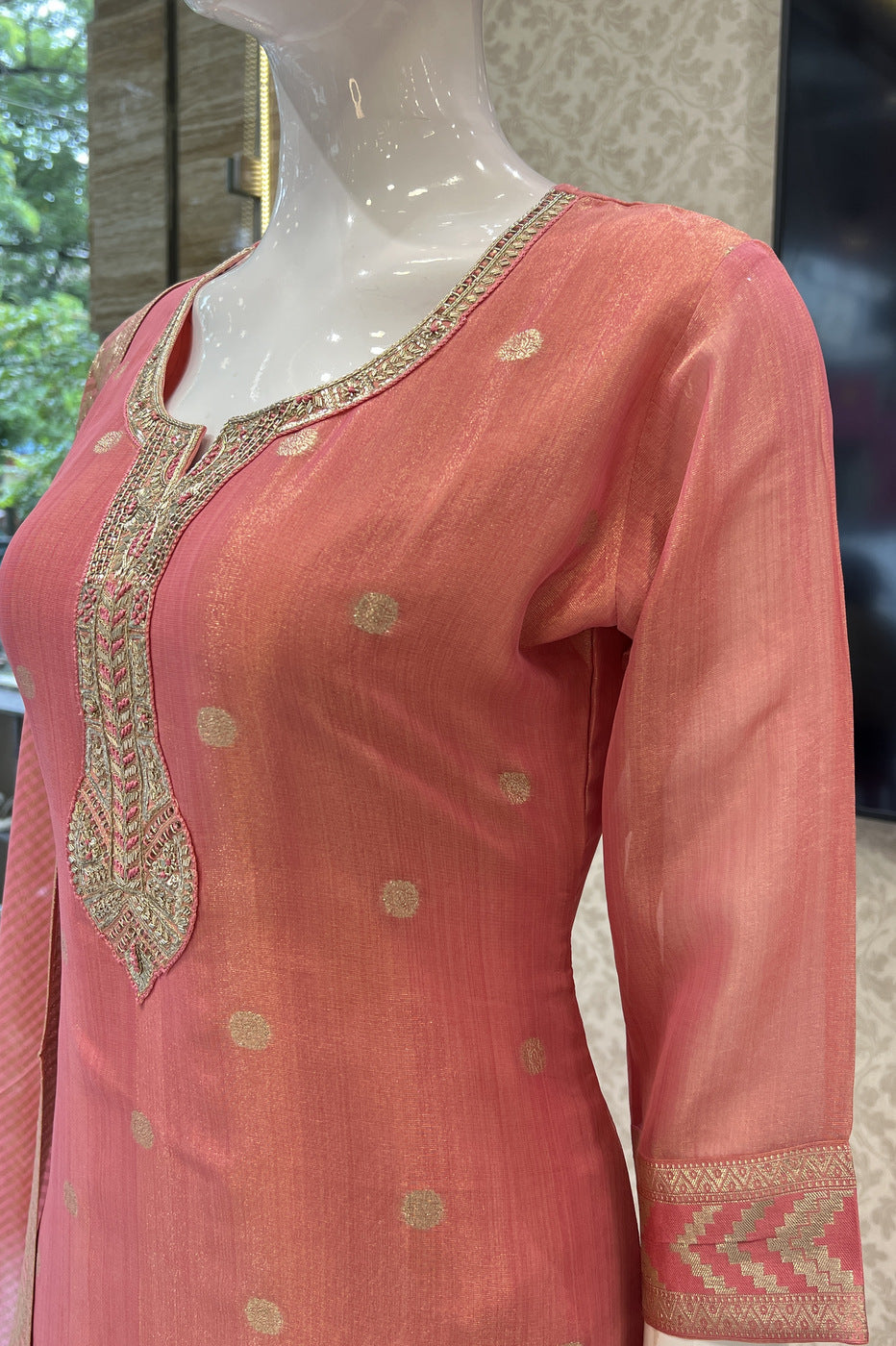 Peach Zardozi, Thread, Banaras and Mirror work Straight Cut Salwar Suit