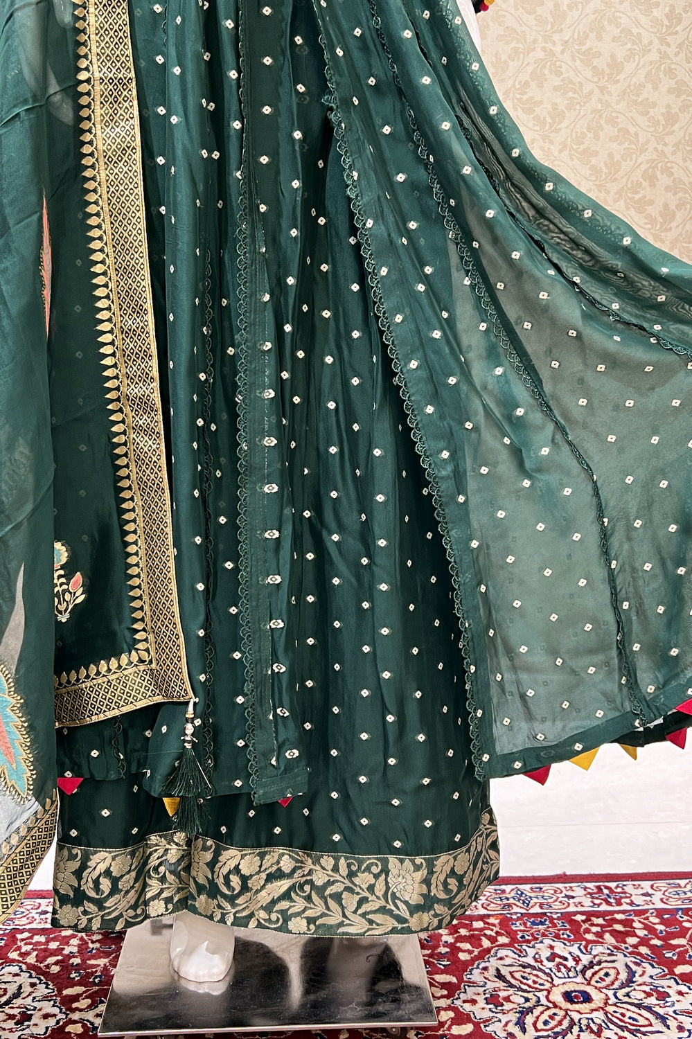 Bottle Green Mirror, Banaras, Sequins, Zari and Thread work Salwar Suit with Palazzo Pant