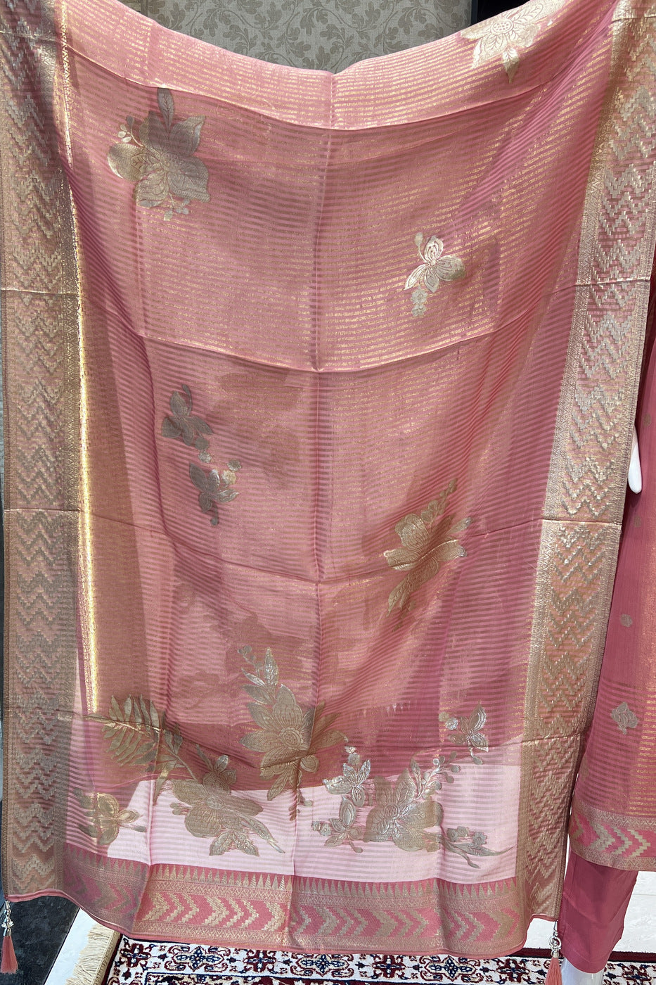 Peach Zardozi, Thread, Banaras and Mirror work Straight Cut Salwar Suit