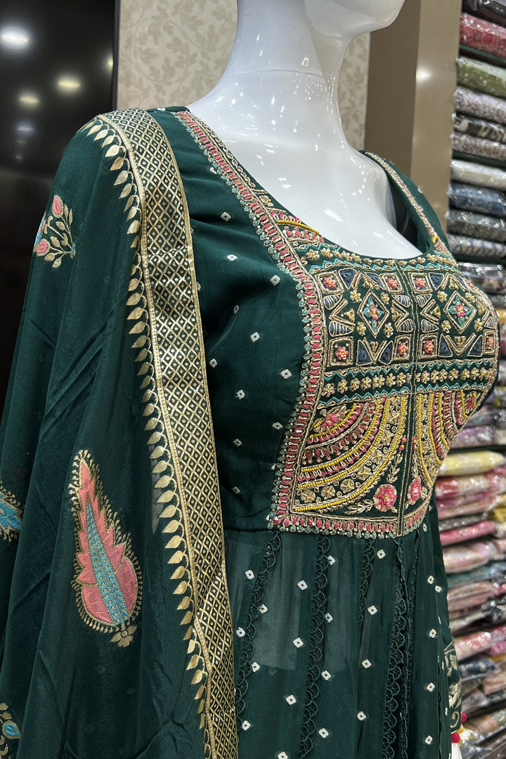 Bottle Green Mirror, Banaras, Sequins, Zari and Thread work Salwar Suit with Palazzo Pant