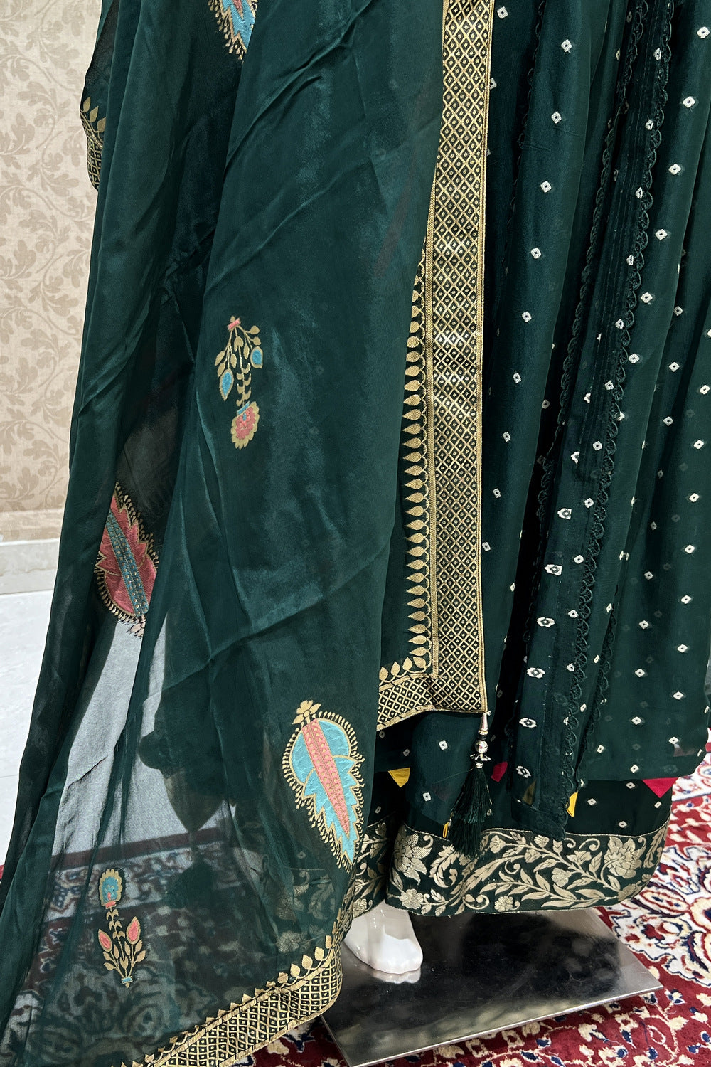 Bottle Green Mirror, Banaras, Sequins, Zari and Thread work Salwar Suit with Palazzo Pant