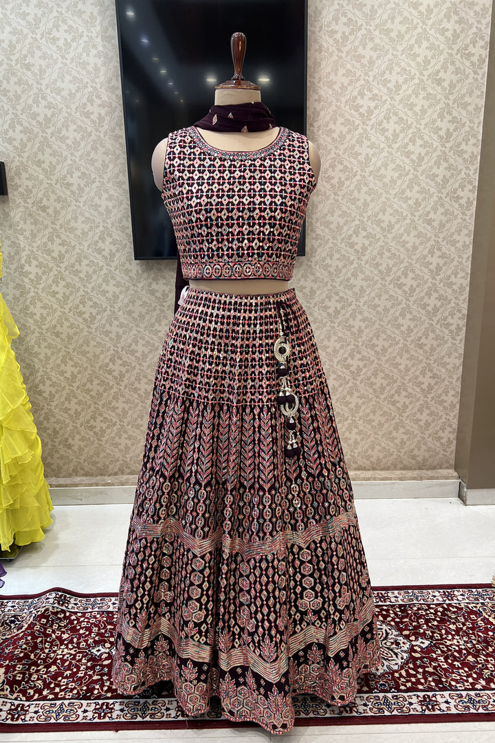 Wine Multicolor Embroidery, Mirror and Sequins work Lehenga Choli for Girls