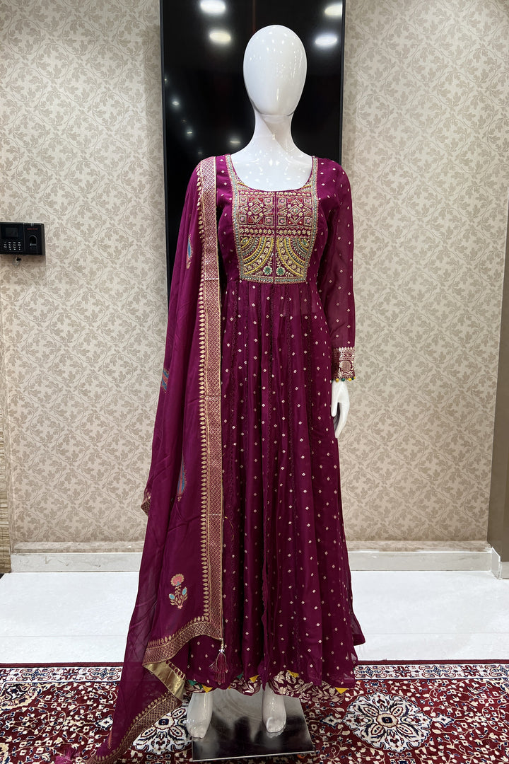 Magenta Mirror, Banaras, Sequins, Zari and Thread work Salwar Suit with Palazzo Pant