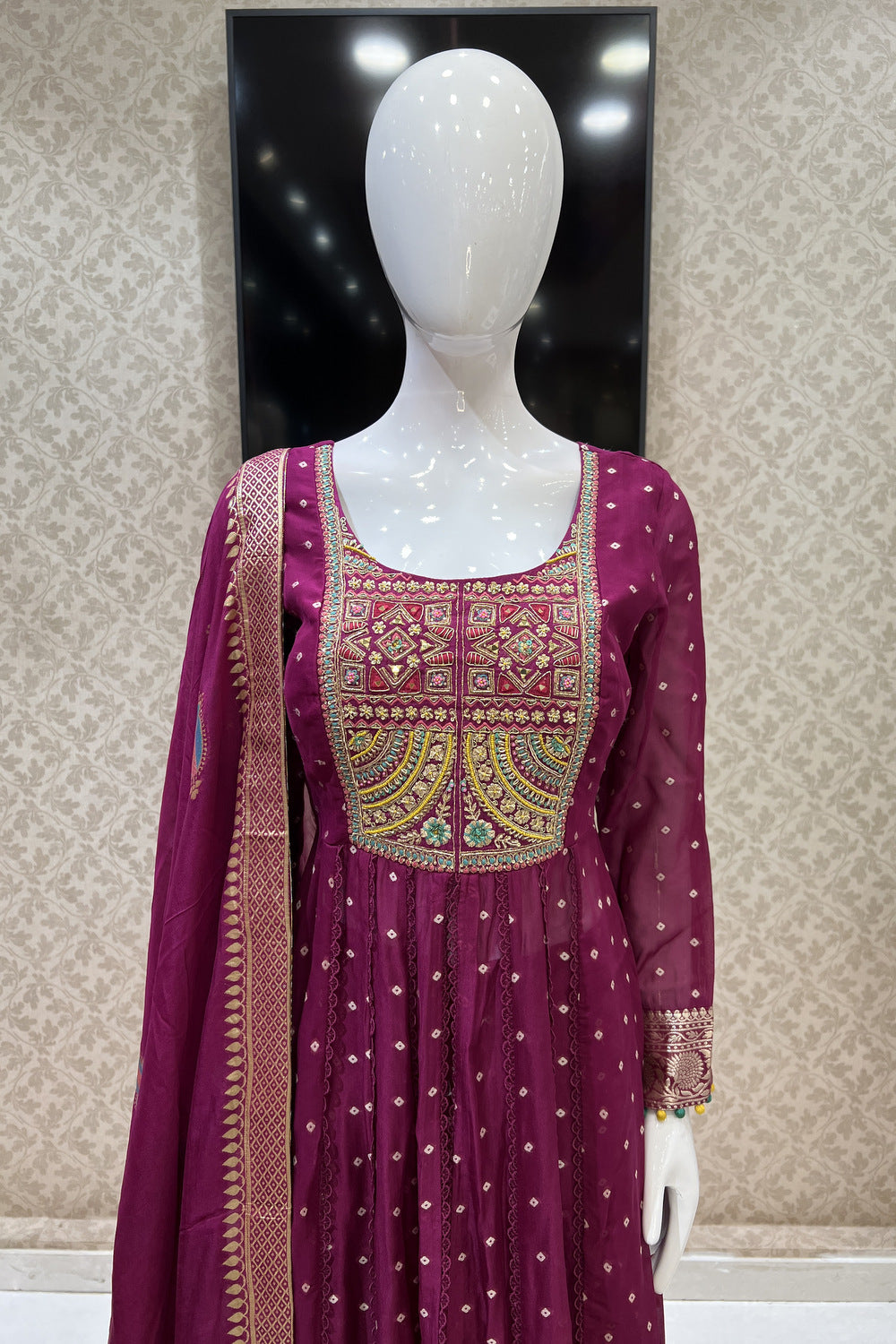 Magenta Mirror, Banaras, Sequins, Zari and Thread work Salwar Suit with Palazzo Pant