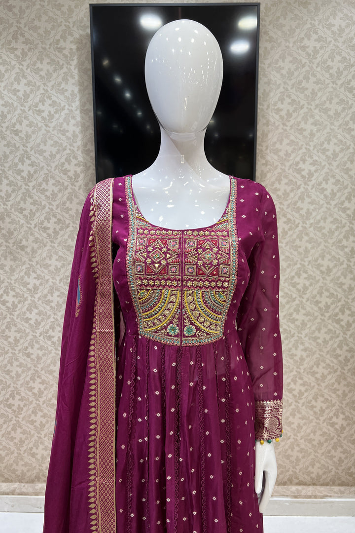 Magenta Mirror, Banaras, Sequins, Zari and Thread work Salwar Suit with Palazzo Pant