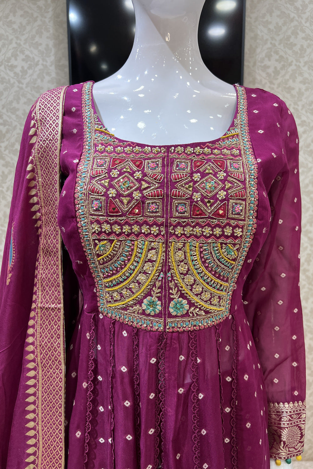 Magenta Mirror, Banaras, Sequins, Zari and Thread work Salwar Suit with Palazzo Pant