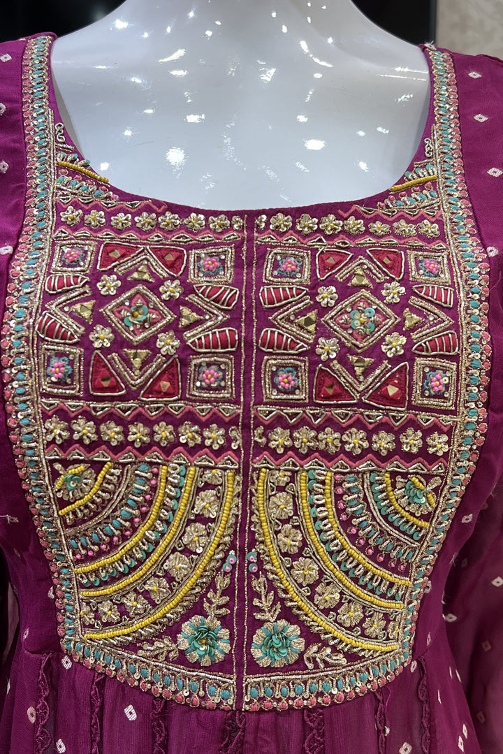 Magenta Mirror, Banaras, Sequins, Zari and Thread work Salwar Suit with Palazzo Pant