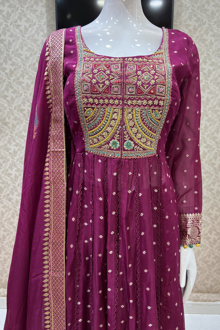 Magenta Mirror, Banaras, Sequins, Zari and Thread work Salwar Suit with Palazzo Pant