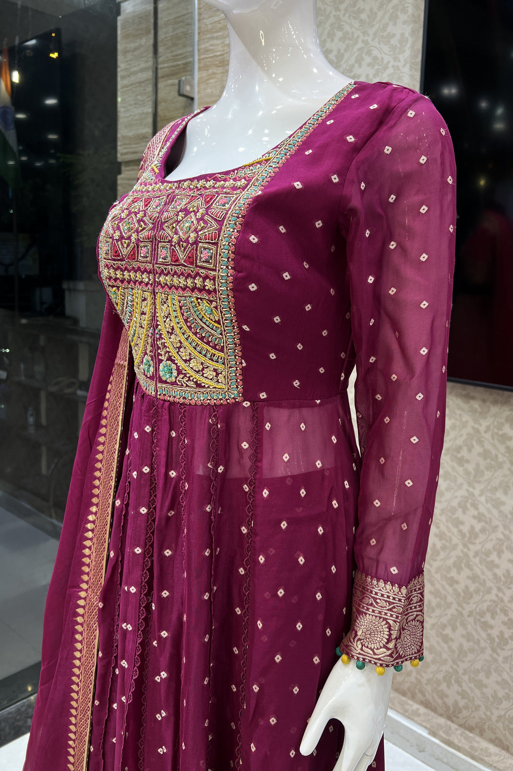 Magenta Mirror, Banaras, Sequins, Zari and Thread work Salwar Suit with Palazzo Pant