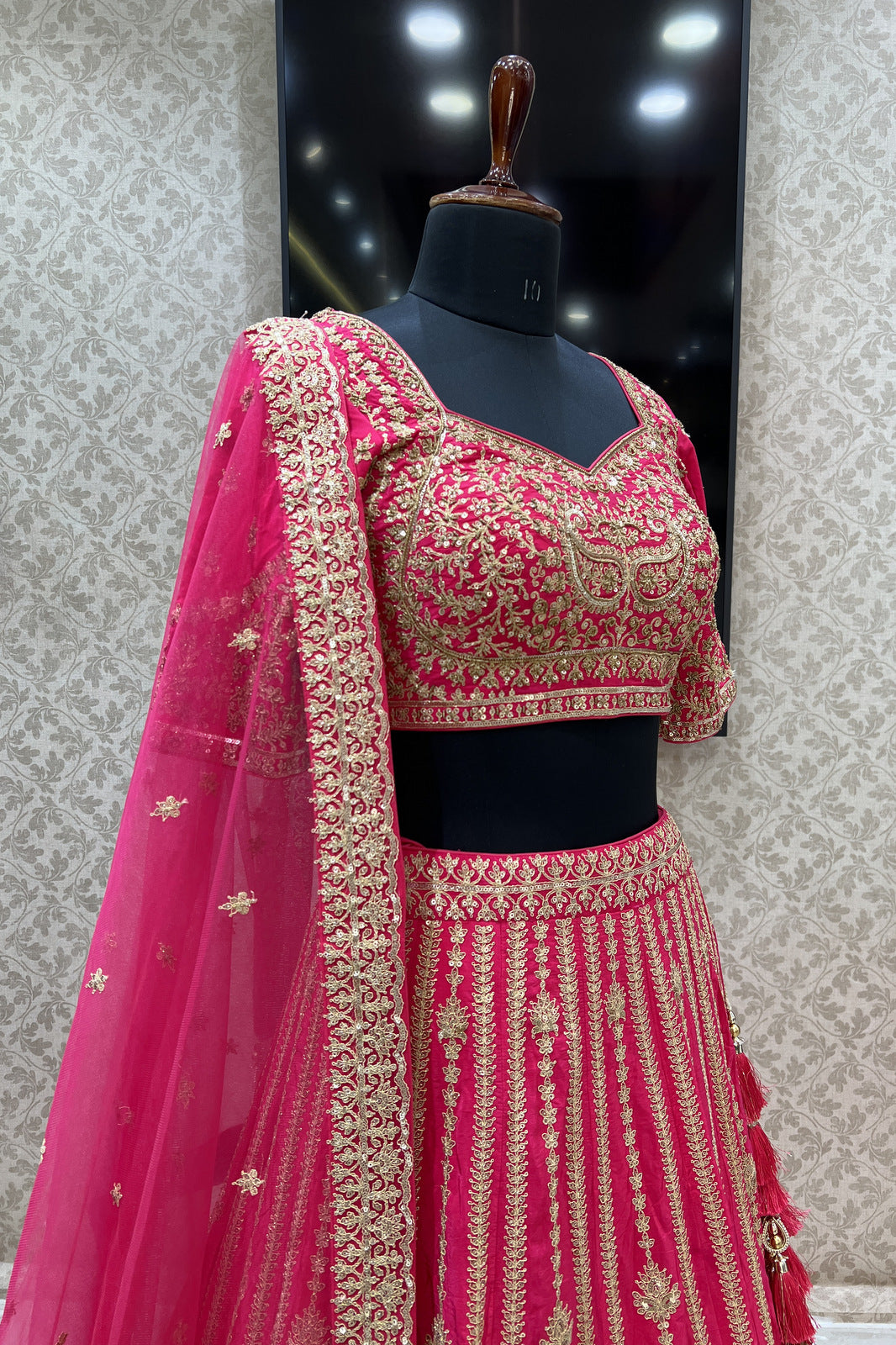 Pink Sequins and Zari work Crop Top Lehenga