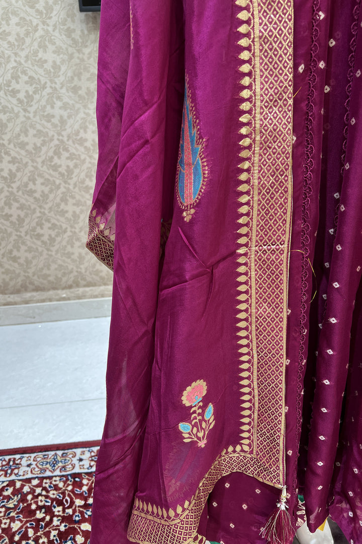 Magenta Mirror, Banaras, Sequins, Zari and Thread work Salwar Suit with Palazzo Pant