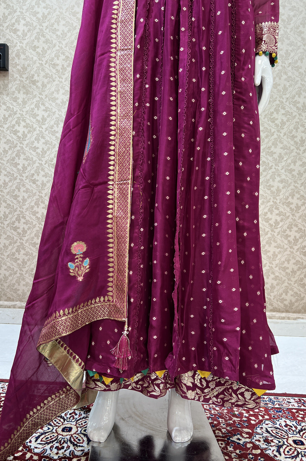 Magenta Mirror, Banaras, Sequins, Zari and Thread work Salwar Suit with Palazzo Pant