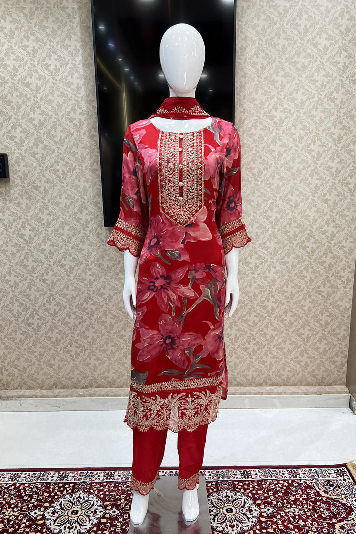 Red Embroidery and Sequins work with Floral Print Straight Cut Salwar Suit