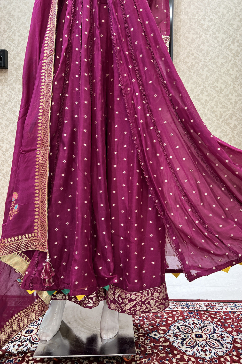 Magenta Mirror, Banaras, Sequins, Zari and Thread work Salwar Suit with Palazzo Pant