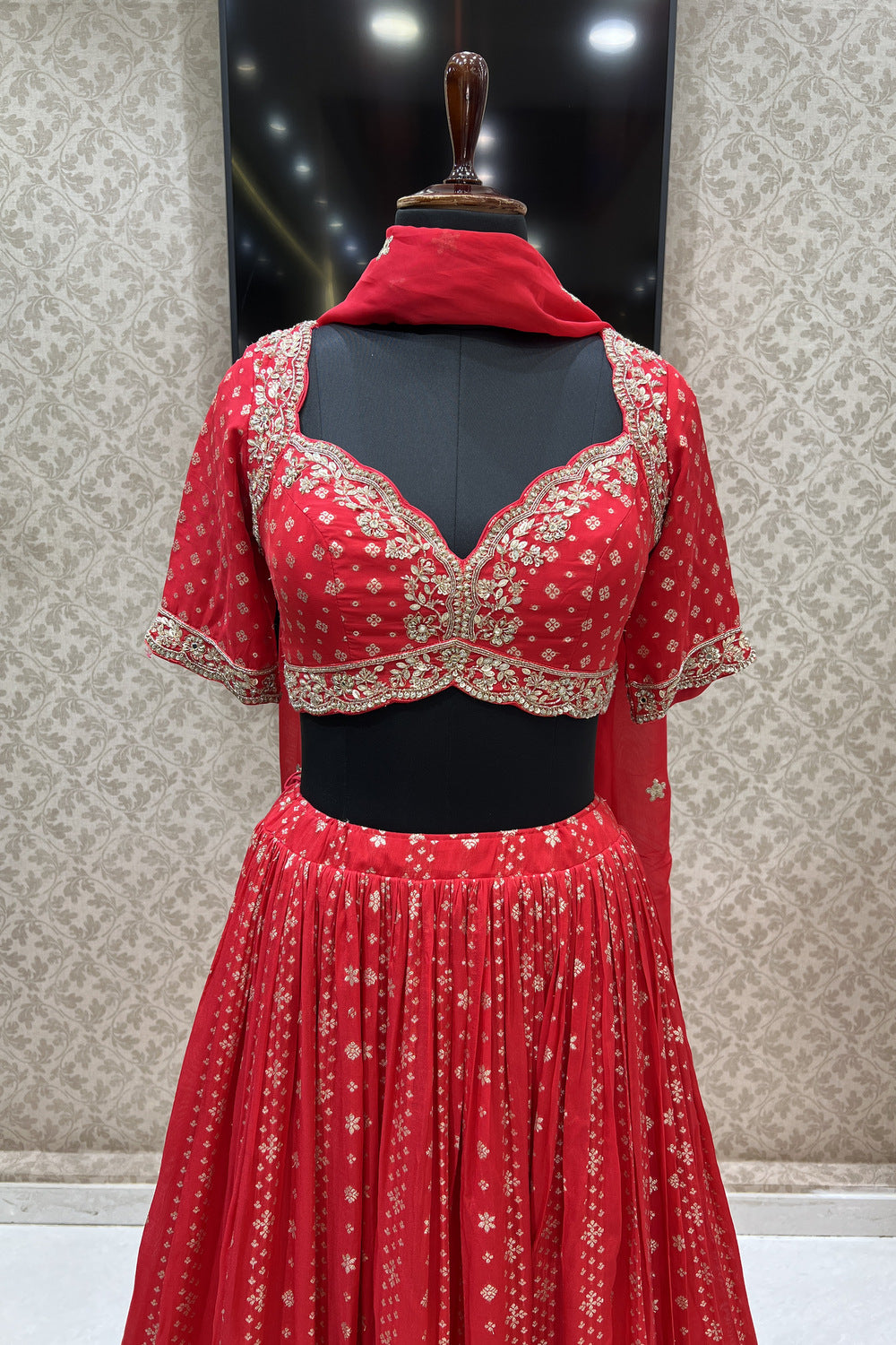 Red Banaras, Beads, Zardozi, Sequins and Zari work Crop Top Lehenga