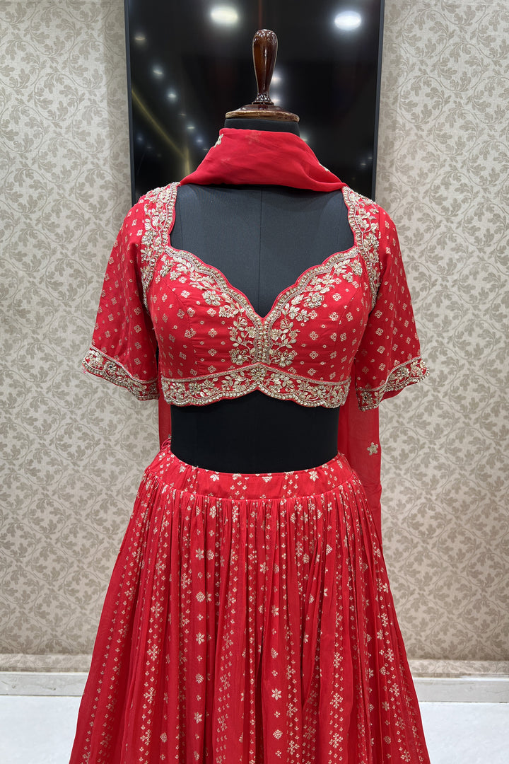 Red Banaras, Beads, Zardozi, Sequins and Zari work Crop Top Lehenga