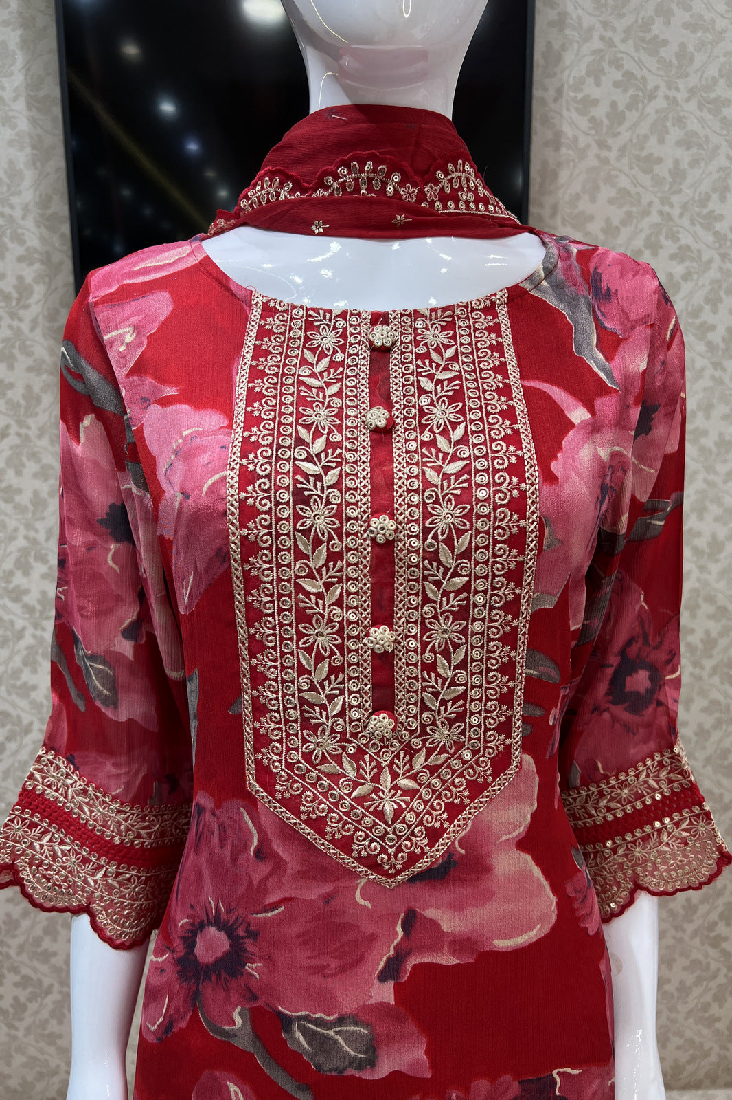 Red Embroidery and Sequins work with Floral Print Straight Cut Salwar Suit