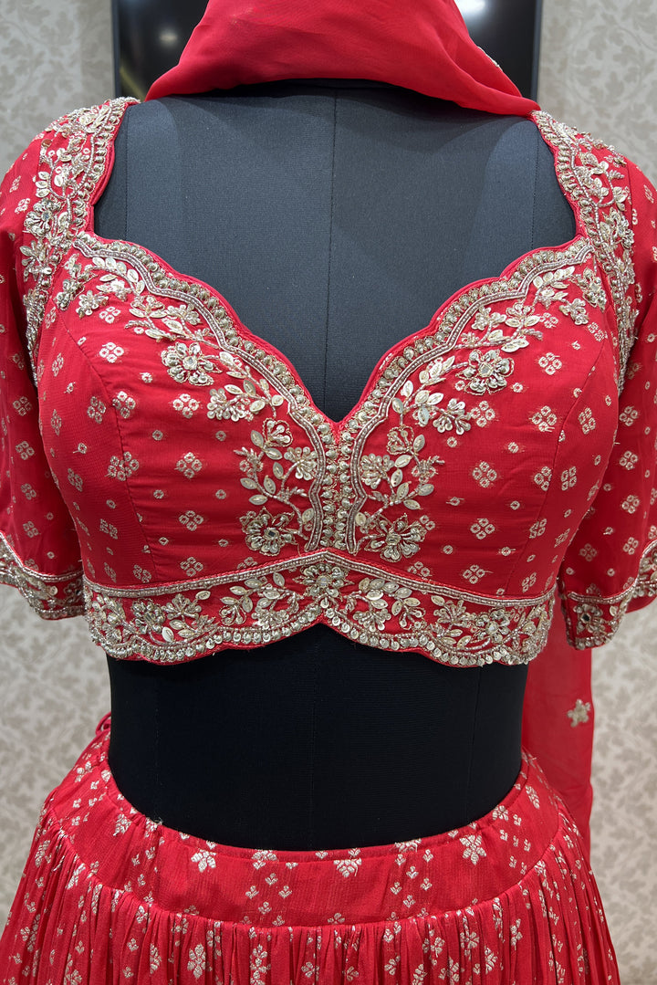 Red Banaras, Beads, Zardozi, Sequins and Zari work Crop Top Lehenga