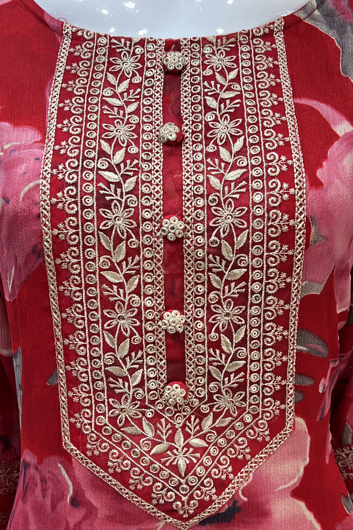 Red Embroidery and Sequins work with Floral Print Straight Cut Salwar Suit