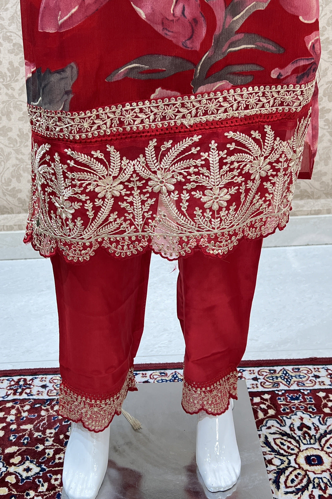 Red Embroidery and Sequins work with Floral Print Straight Cut Salwar Suit