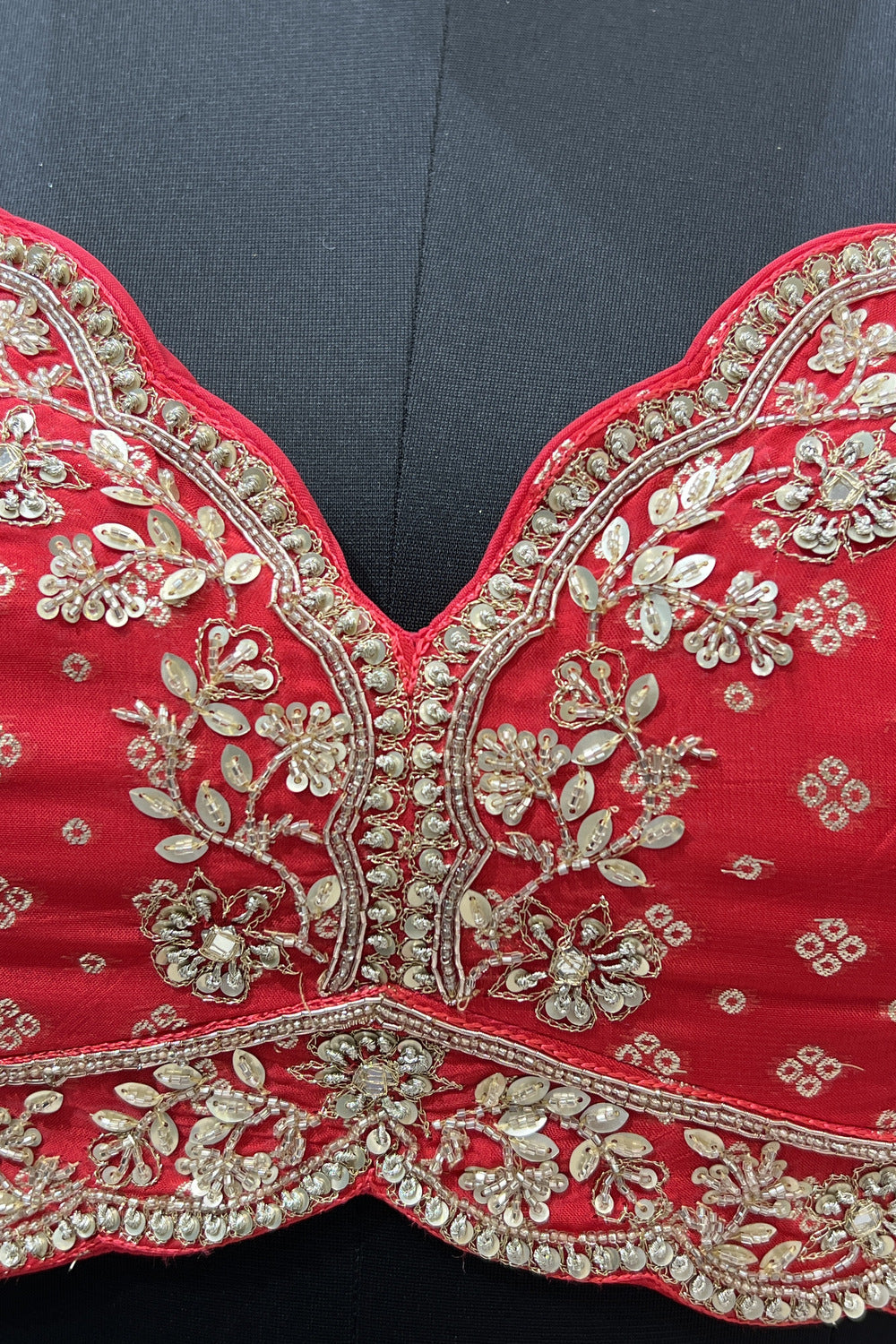 Red Banaras, Beads, Zardozi, Sequins and Zari work Crop Top Lehenga