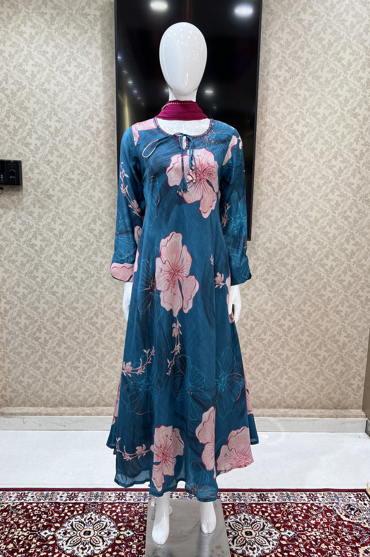Indigo Blue Floral Print and Beads work Umbrella Styled Salwar Suit