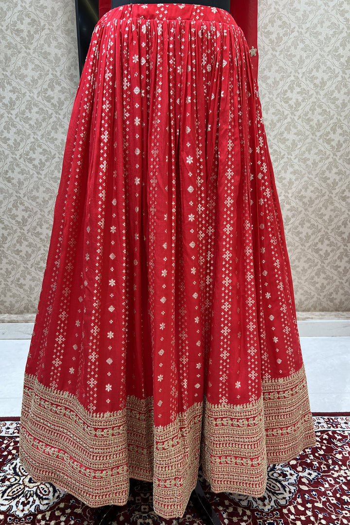 Red Banaras, Beads, Zardozi, Sequins and Zari work Crop Top Lehenga