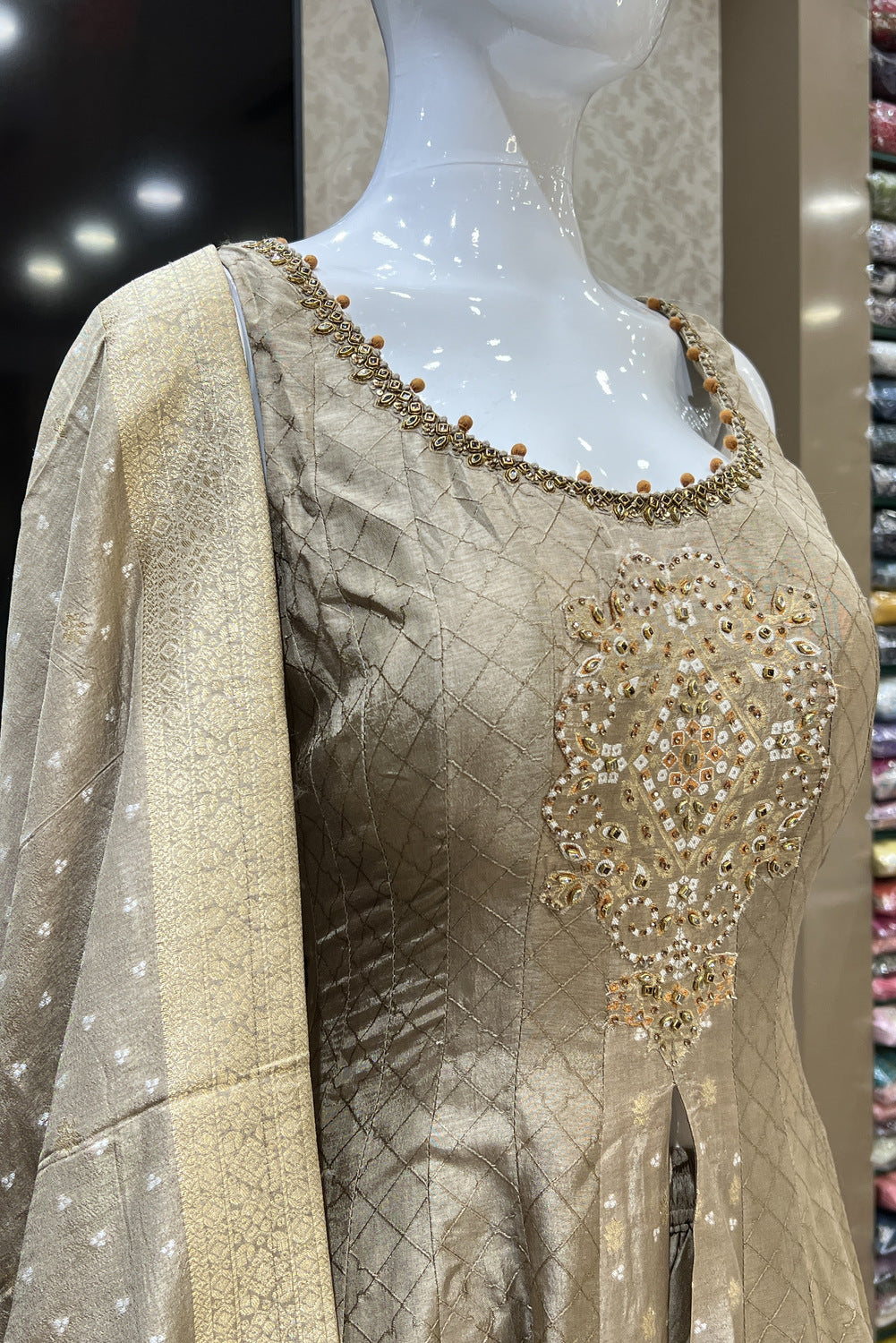 Gold Kundan, Stone and Banaras work Salwar Suit with Palazzo Pant