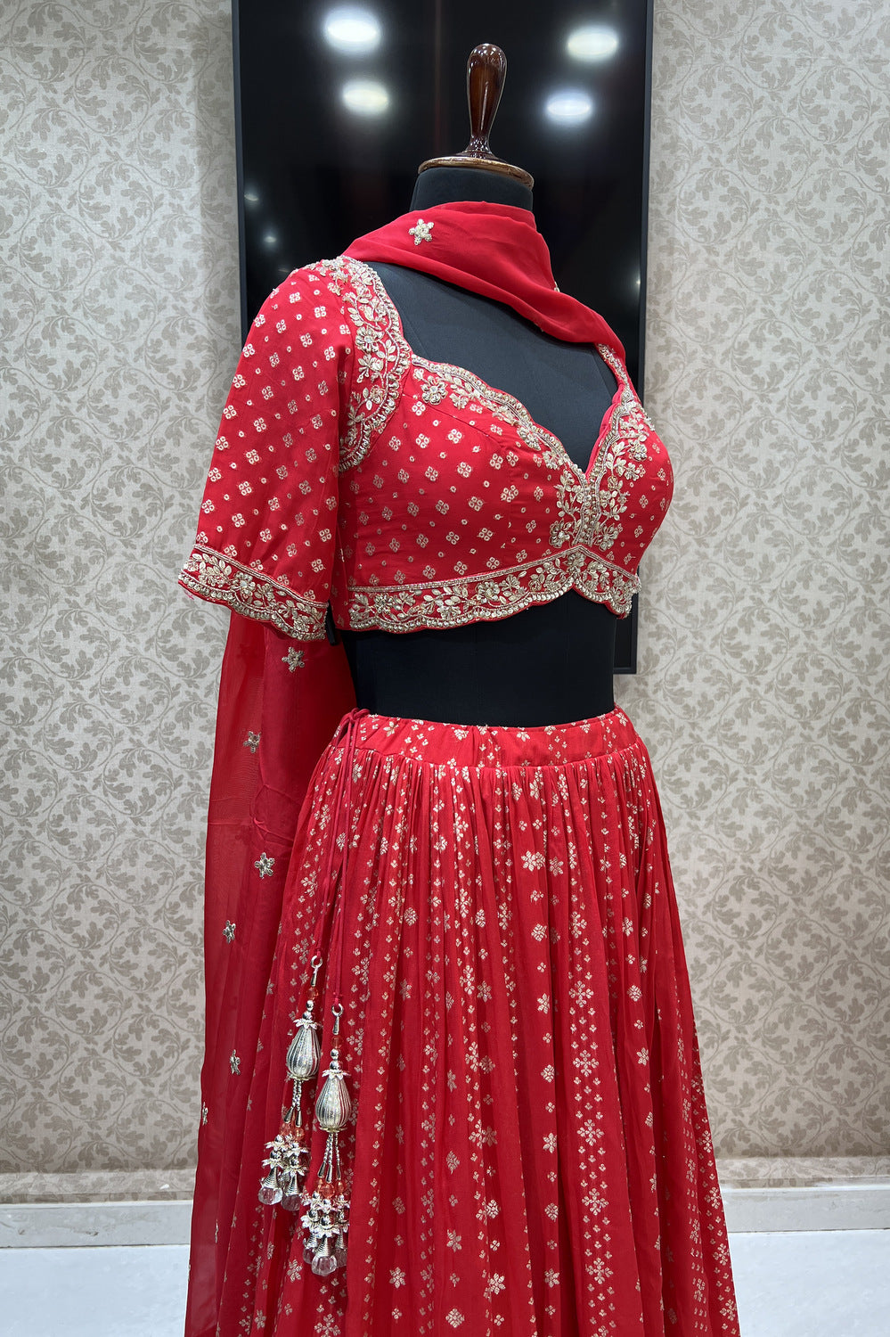 Red Banaras, Beads, Zardozi, Sequins and Zari work Crop Top Lehenga