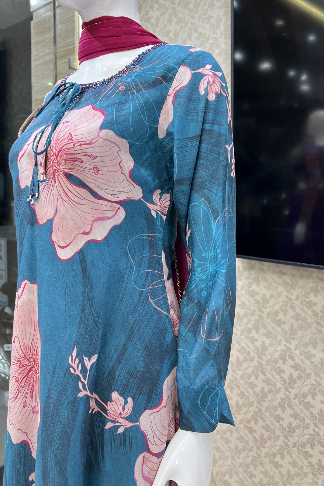 Indigo Blue Floral Print and Beads work Umbrella Styled Salwar Suit