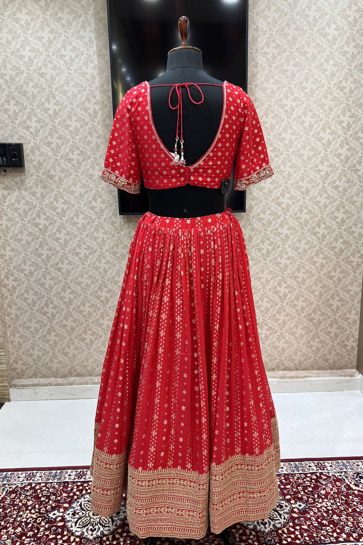 Red Banaras, Beads, Zardozi, Sequins and Zari work Crop Top Lehenga