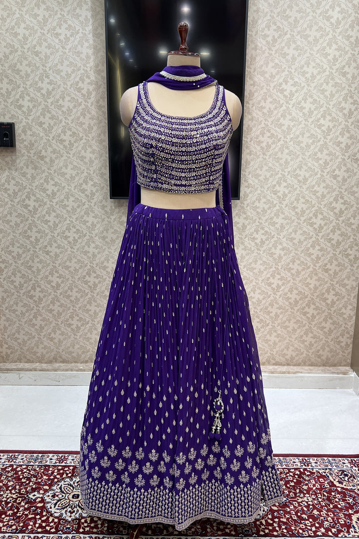 Purple Zari, Thread, Sequins, Stone and Mirror work Crop Top Lehenga