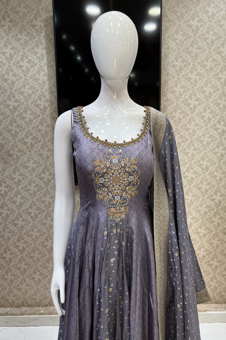 Lilac Kundan, Stone and Banaras work Salwar Suit with Palazzo Pant