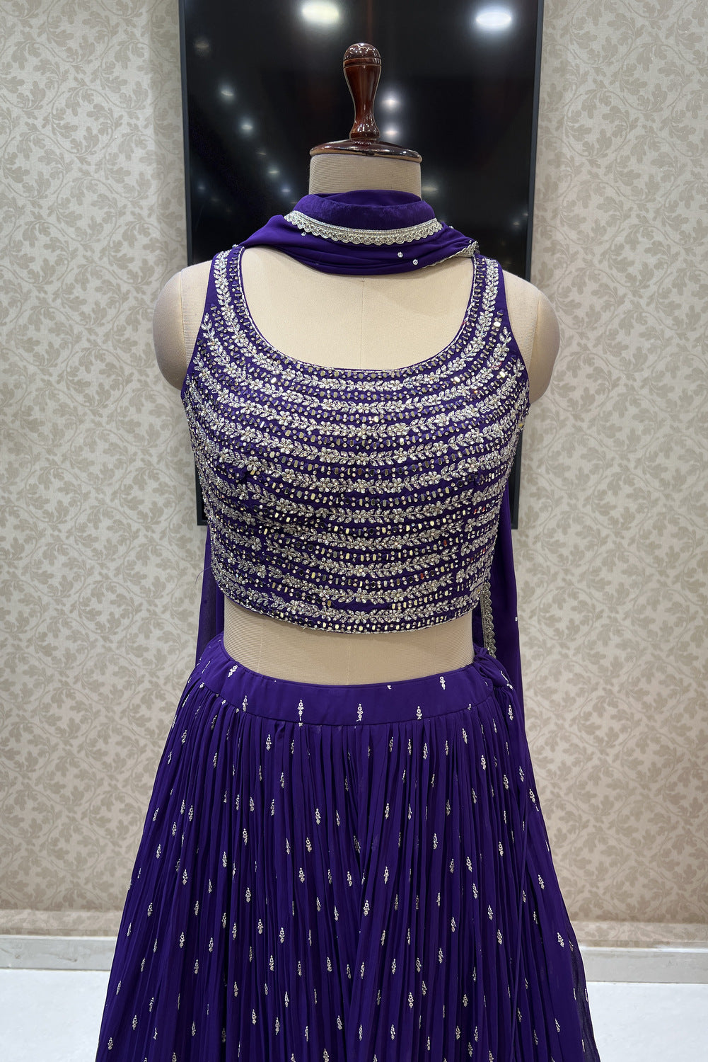 Purple Zari, Thread, Sequins, Stone and Mirror work Crop Top Lehenga