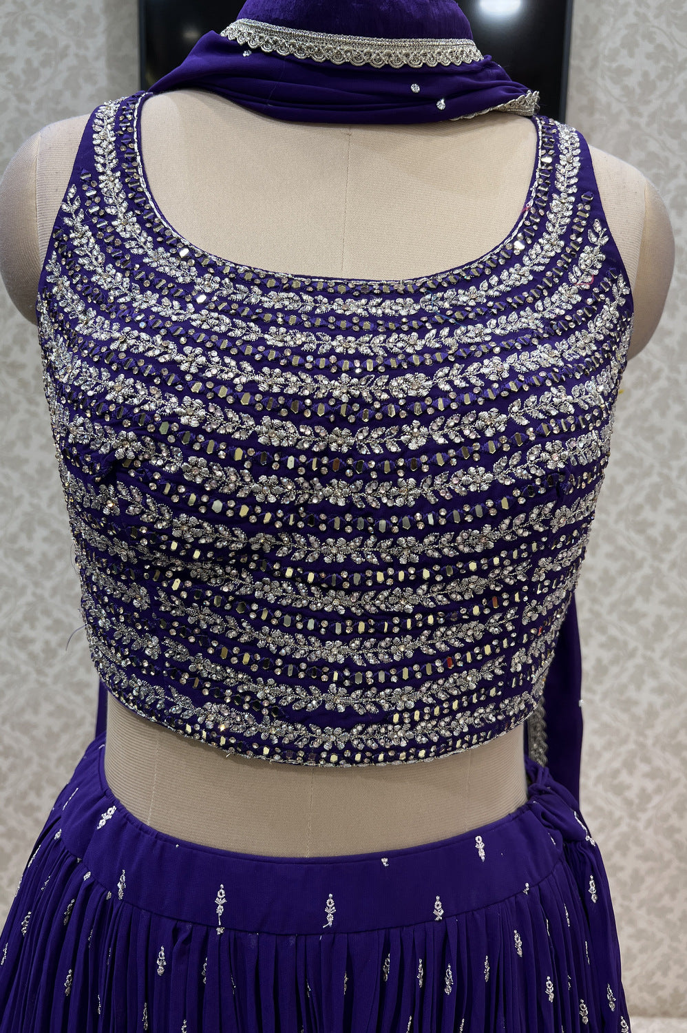 Purple Zari, Thread, Sequins, Stone and Mirror work Crop Top Lehenga