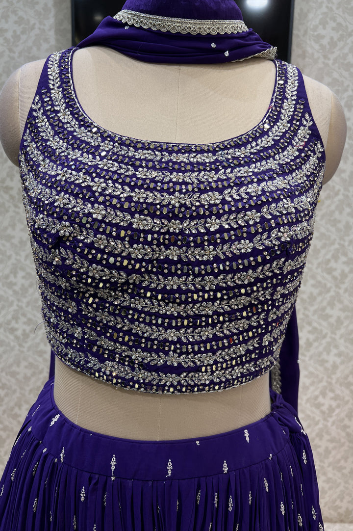 Purple Zari, Thread, Sequins, Stone and Mirror work Crop Top Lehenga