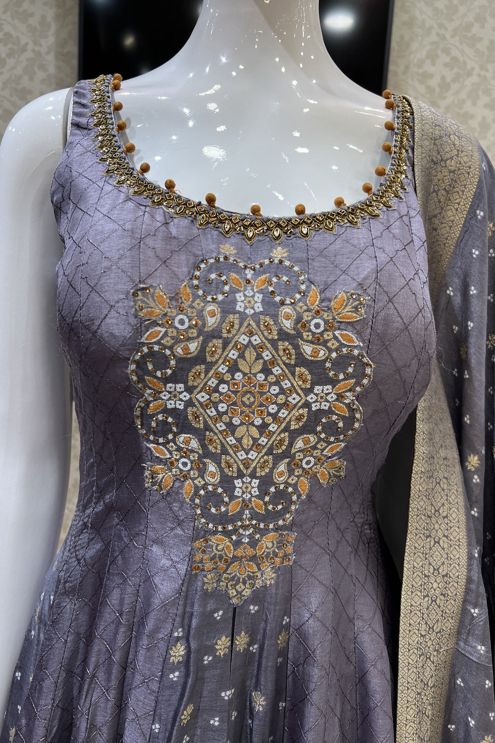 Lilac Kundan, Stone and Banaras work Salwar Suit with Palazzo Pant