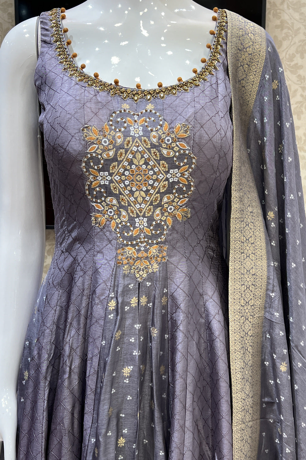 Lilac Kundan, Stone and Banaras work Salwar Suit with Palazzo Pant