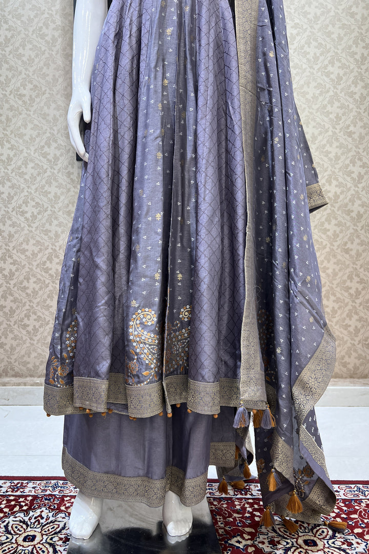 Lilac Kundan, Stone and Banaras work Salwar Suit with Palazzo Pant