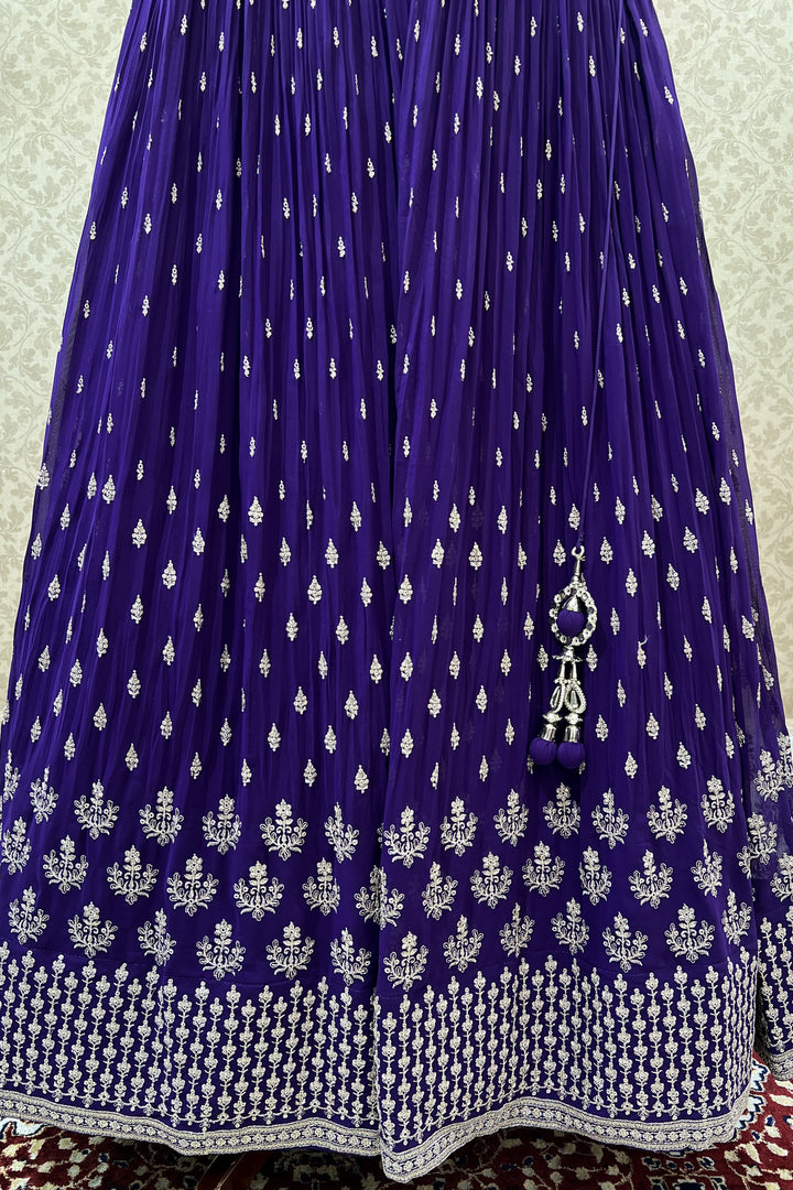 Purple Zari, Thread, Sequins, Stone and Mirror work Crop Top Lehenga