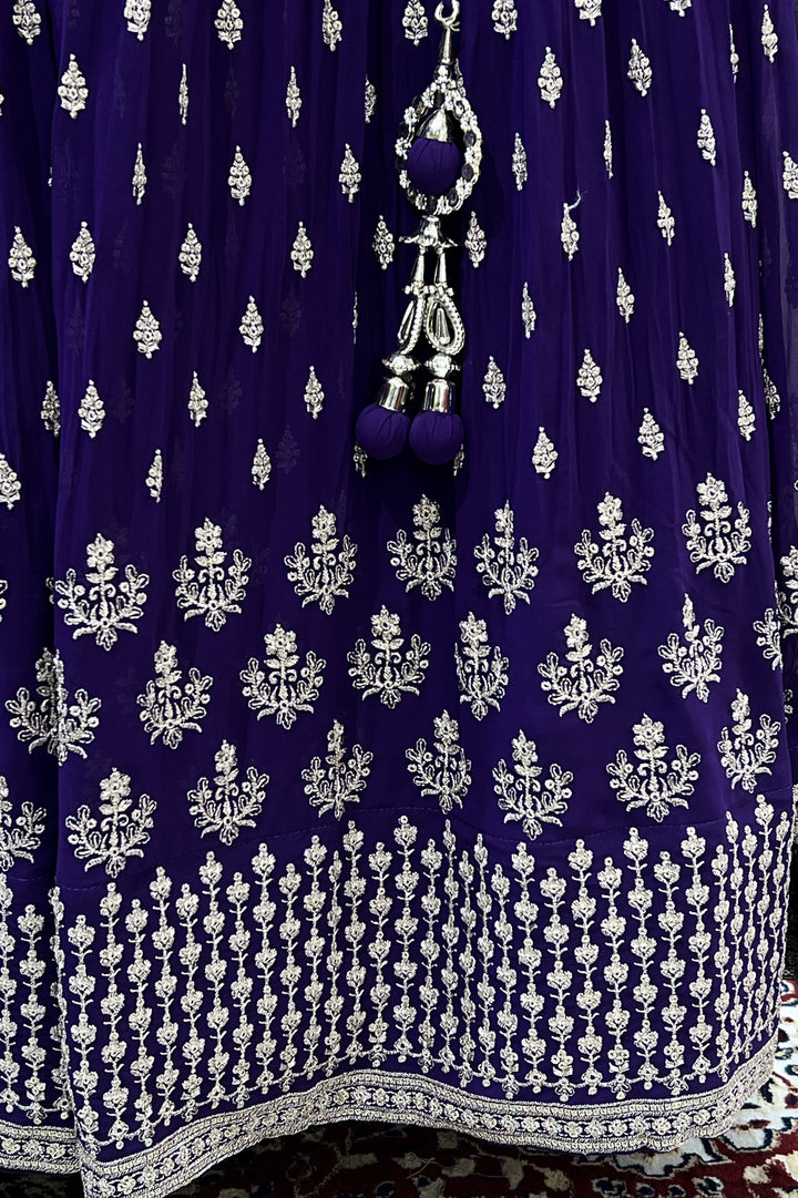 Purple Zari, Thread, Sequins, Stone and Mirror work Crop Top Lehenga