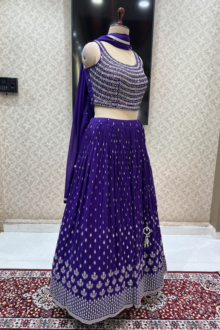 Purple Zari, Thread, Sequins, Stone and Mirror work Crop Top Lehenga