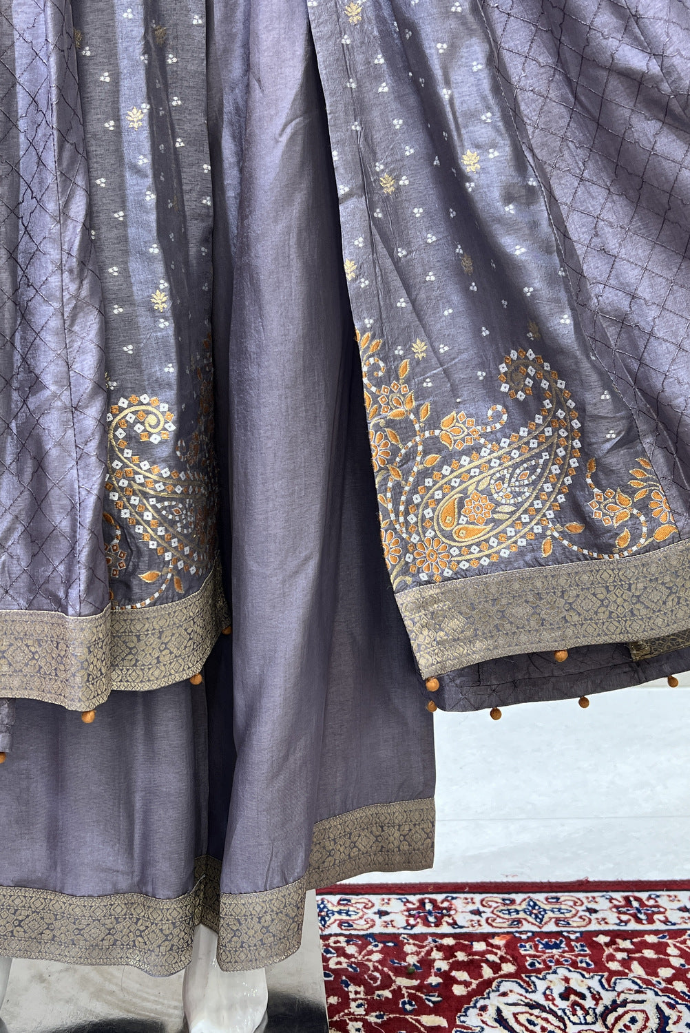 Lilac Kundan, Stone and Banaras work Salwar Suit with Palazzo Pant