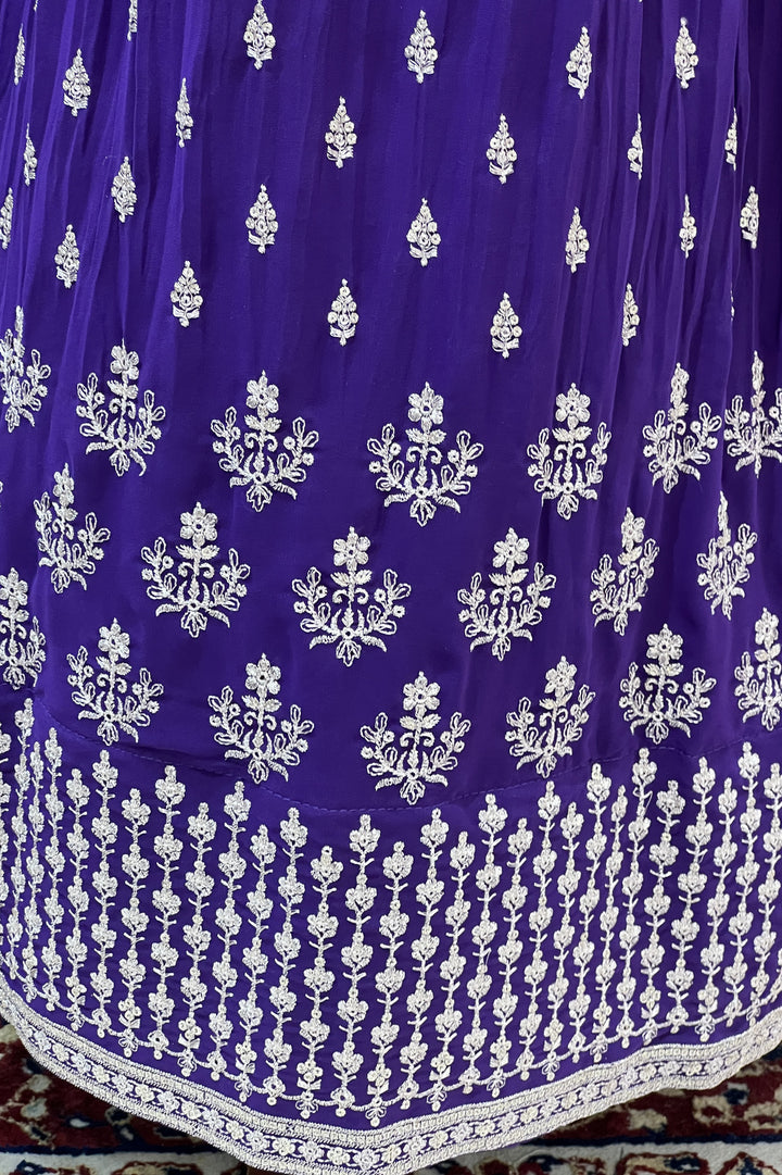 Purple Zari, Thread, Sequins, Stone and Mirror work Crop Top Lehenga